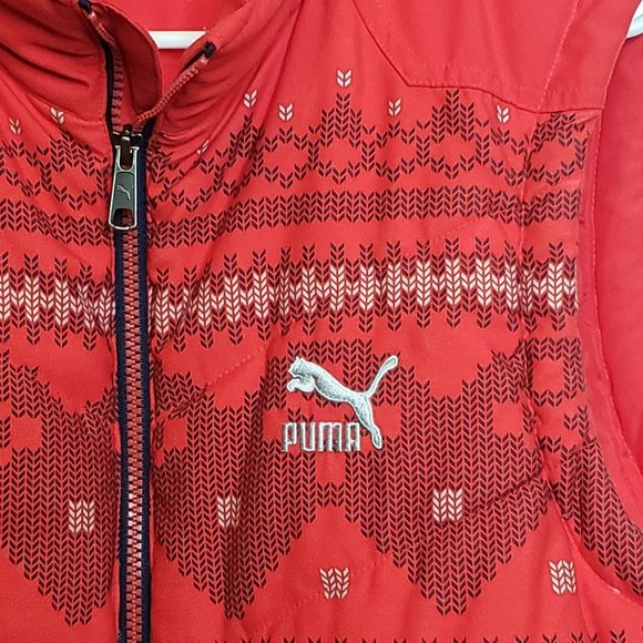 Puma Puffer Vest Red Sweater Pattern Zip Up Adult Med Sport Lifestyle - Picture 2 of 12
